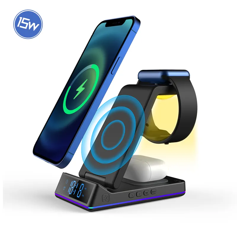 2022 Newest 5 in 1 fast alarm clock Wireless Charger Stand Cell Phone Charging Holder Portable 3 in 1 wireless charger with lamp