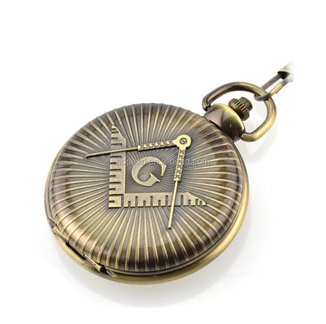 WAH296 Vintage Bronze Value Quality Freemasonry Masonic Quartz Pocket Watch Chain