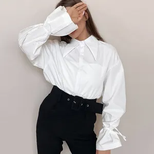 Fabrikanten Professionele Ontwerp Turn-Down Kraag Elegante Witte Dames Tops Blouse Lange Mouwen Office Shirts Voor Vrouwen