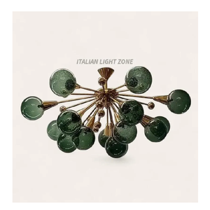 Lustre moderne de luxe en laiton et verre vert, 14 globes, style Sputnik italien Stilnovo, luminaire suspendu pour salon et salle à manger - Product Image 1