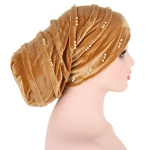 Unisex özel kadife boncuklu sıkı güzellik Dreadlock kapaklar müslüman kadınlar türban uzun kuyruk şapka
