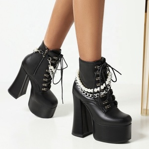 Bottines élégantes à fermeture éclair latérale avec chaîne de perles, bout carré noir, plateforme, lacets, talon épais, grande taille 43 - Product Image 5