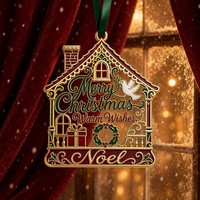 Ornement de Noël en métal doré en forme de maison, gravé avec le message « Love Warm Home », avec ruban doré pour arbre de Noël