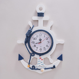 Mediterranean Style Ship Wheel <b>Wall</b> <b>Clock</b> Blue White Analog <b>Silent</b> Battery Powered Living Room Bedroom Decor Two Piece - Product Image 2
