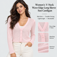 Cardigan en tricot pour femme, col en V, bord ondulé, style jeune, manches longues, protection solaire, couleur unie, boutons sur le devant, idéal pour l'été (OEM/ODM)