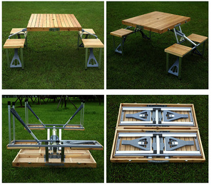 Table et chaises pliantes en bois modernes pour 4 personnes, portables, légères, pour le camping, les pique-niques, les loisirs, les repas en extérieur, les parcs. - Product Image 5