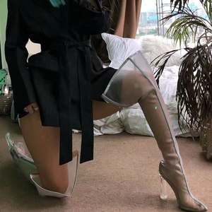 Bottes sexy sur mesure grande taille 47, hauteur cuisse, en maille respirante transparente, à talon haut et talon cristal, pour automne et été - Product Image 6