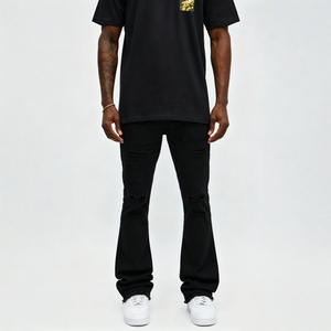 Cool <b>Vintage</b> Washed Slim Fit Men <b>Flare</b> Denim Pants Retro Faded Streaky Texture Bootcut <b>Jeans</b> for Street Hip Hop Daily Fashion - Product Image 3