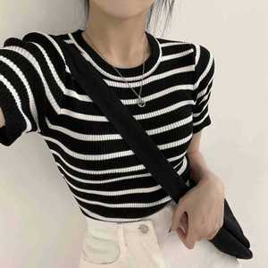 Blusas <span class=keywords><strong>de</strong></span> Punto <span class=keywords><strong>de</strong></span> <span class=keywords><strong>Manga</strong></span> Corta para Mujer, Talla Única, Estilo Moderno 2025, Cuello Redondo, Camisetas a Rayas, Blusas Casuales <span class=keywords><strong>de</strong></span> Verano - Product Image 3