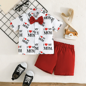 Conjunto Casual de Verano de Dos Piezas para Niños, Camiseta de Manga Corta con Estampado 'I Love My MOM' y Lazo Decorativo, Ropa para Bebés - Product Image 1