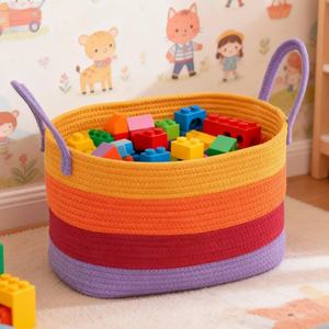 Panier de rangement en corde de coton tissée multicolore rectangulaire moderne en gros, poignées écologiques, panier à linge pour la crèche, jouets, couvertures - Product Image 2