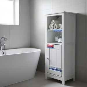 Armoire de salle de bain en bois de pin massif blanc, 15,7 po x 13,4 po x 43,3 po, avec portes et étagères, style scandinave, autoportante - Product Image 2