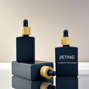 Stock 50ml Square Empty Essential Beard Oil <b>Flat</b> Shoulder Rectangular Frost Black Glass Dropper Bottle with Bamboo Dropper Cap - Product Image 5