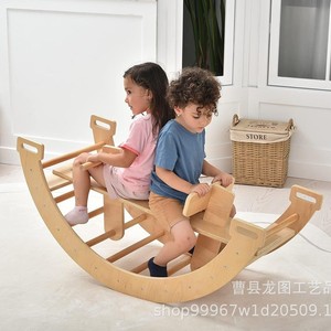 Caballito balancín de madera 2 en 1 con arco de escalada, estructura de juego interior para niños, unisex, equipo de ejercicio de madera maciza con forma geométrica - Product Image 1