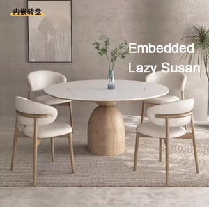 Mesa de Comedor Redonda de Piedra Sinterizada de 130 cm, 150 cm, 3 Pies, Mesa de Comedor Giratoria con Base de Madera Maciza para 6 a 8 Personas - Product Image 3