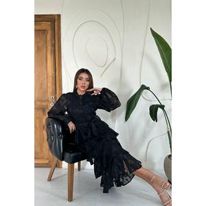 Robe de cocktail noire à volants rayée superposée en gros - Product Image 3