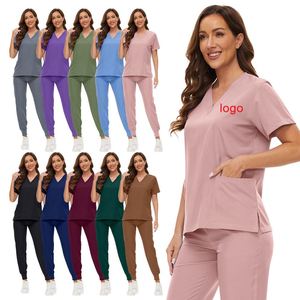 Ensembles d'uniformes infirmiers en polyester et élasthanne, uniformes infirmiers unisexes pour l'hôpital, haut et pantalon, tenue infirmière multi-poches - Product Image 1