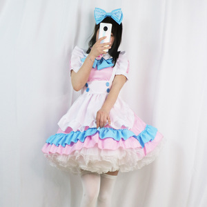 Lolita Dress Pink Blue Maid Style A-Line Elastic Waist Peter Pan Collar Party Casual Dress With Big Bow Contrast Color Woven - Product Image 2