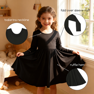 Vestito Midi Girevole per Bambine in Vendita, 95% Bambù 5% Spandex, Manica Lunga, Nero, Casual, Traspirante - Product Image 4