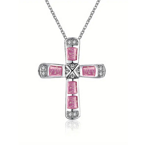 Collana con Ciondolo a Croce in Argento 925 Placcato Rodio con Cristallo Rosa e Strass, Gioielli Cristiani Religiosi da Donna - Product Image 1
