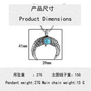 Yunnique – collier avec pendentif en forme de dent d'animal en acier inoxydable, avec pierre turquoise, couleur argent, bijoux à la mode pour hommes, chaîne de 3.0x60cm - Product Image 2