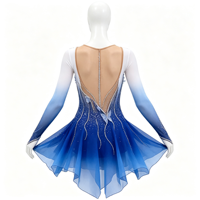 Robe de patinage artistique dégradé blanc-bleu, manches longues, dos profondement ouvert, jupe ornée de strass pour compétition et performance adultes et enfants
