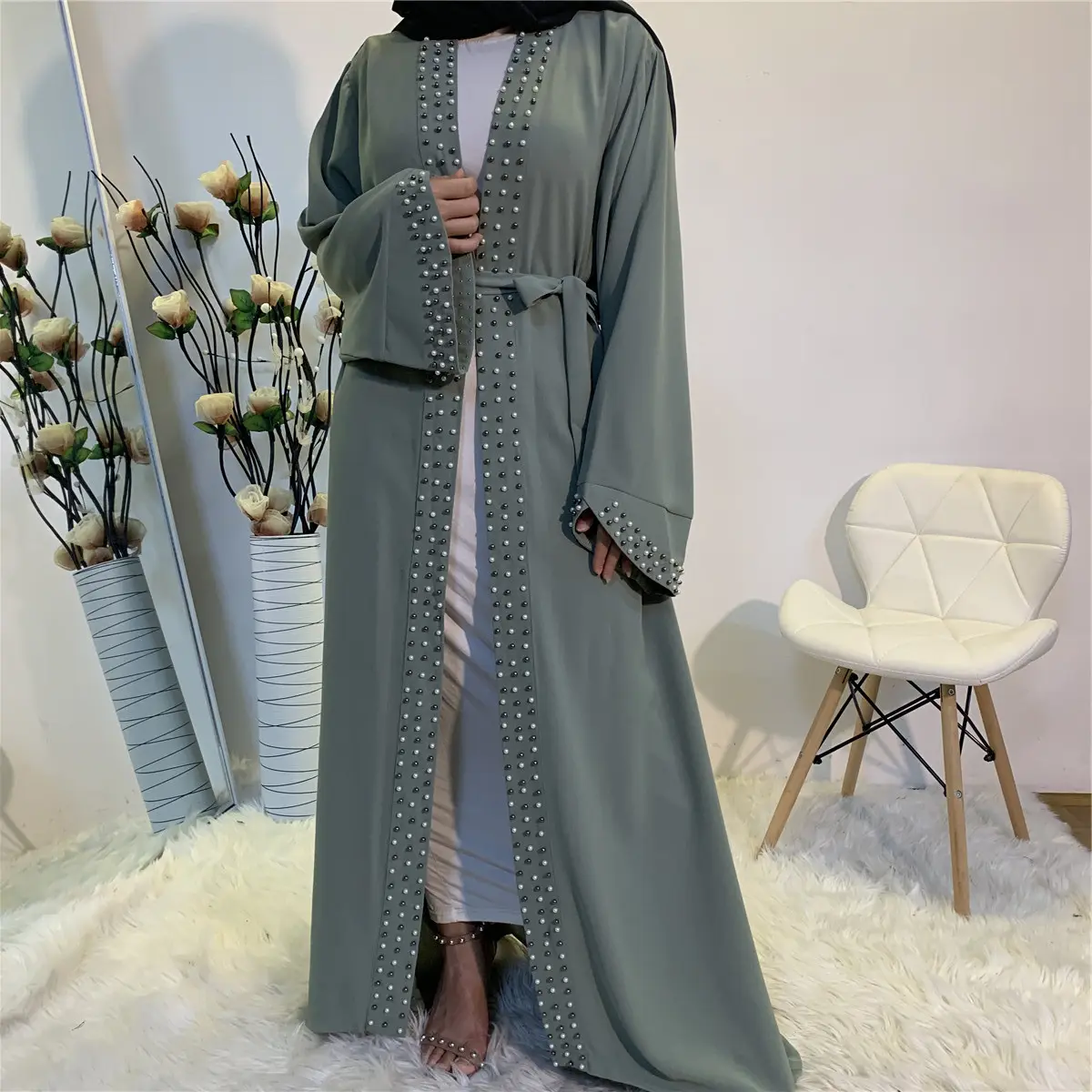 Cárdigan de encaje con cuentas de Color sólido de Oriente Medio de Turquía árabe de diseño súper Popular, vestido musulmán