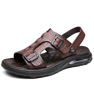 Sandales pour hommes à bride en T, en cuir véritable, à bout ouvert, semelle extérieure en caoutchouc antidérapante, chaussures décontractées d'été - Product Image 5