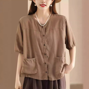 Women's Cotton Linen Shirt Short Sleeve V-Neck Button Front Pocket Design Casual Retro Style Coffee Color - Product Image 4