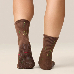 Custom Floral Embroidered Non-Slip Crew <b>Socks</b> with Full-Sole Silicone Grip Dots Cotton Blend Yoga Pilates Barre Gripper - Product Image 2