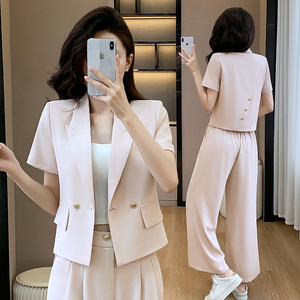 Women's Grey Suit Set Summer Thin Style Casual Short Jacket Pants Solid Color Polyester Satin Breathable No-Wrinkle Treatment - Product Image 2