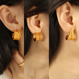 Huggie <b>Earrings</b> Gold Textured C Shape Geometric Design Stainless Steel <b>Post</b> For Women Fashion Jewelry - Product Image 4