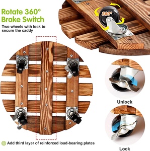 Support de <span class=keywords><strong>plante</strong></span> rond en <span class=keywords><strong>bois</strong></span> avec roulettes, support de <span class=keywords><strong>plante</strong></span> roulant robuste, chariot à roulettes avec roulettes métalliques verrouillables - Product Image 3