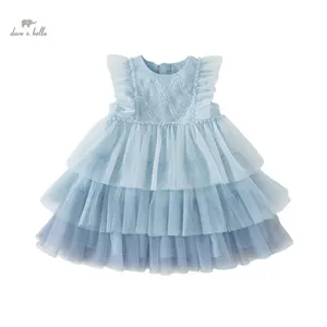 DB2240502 DAVE BELLA çocuk elbise 2024 yaz yeni bebek kız moda mavi rahat sevimli tatlı örgü açık parti prenses elbise