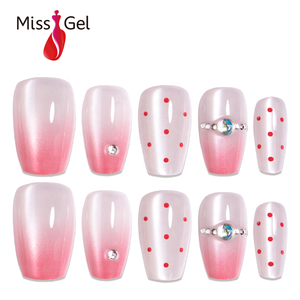 Miss Gel 32PCS <span class=keywords><strong>Uñas</strong></span> Postizas Magnéticas Rosa Ojo de Gato, Forma Ataúd Mediana-Larga, Suaves y Cónicas, <span class=keywords><strong>con</strong></span> Puntos Rojos y Diamantes de Imitación Aurora, OEM ODM - Product Image 1