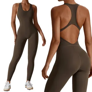 Tulum tam boy Cut Out geri tek parça spor tulum kadın bodysuits kadınlar için spor tulum