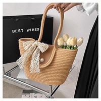 Sac fourre-tout en coton tressé à grande capacité, tendance, pour les vacances d'été, sac à main de plage avec nœud en dentelle, sac simple pour les trajets quotidiens