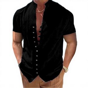 Camisa Casual de Verano para Hombre, Estilo Europeo Americano, con Botones, Cuello Camisero, Manga Corta, Transpirable, de Poliéster/Algodón, Color Sólido - Product Image 3