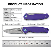 Couteau pliant tactique, couteau de poche Damas, couteau léger EDC, couteau à lame rabattable, manche en G10 violet, outil utilitaire pour le camping en plein air, DM036