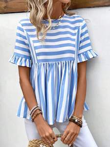 Summer Women a Line <b>Top</b> Elegant Ruffle Sleeve Striped <b>Patchwork</b> <b>Top</b> Loose Solid Short Sleeve Casual Shirt - Product Image 3