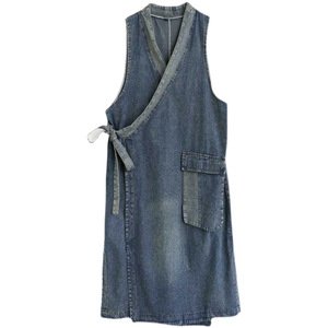 Retro Slant Lapel Lace Long Denim Vest Loose Midi Dress Natural Waist <strong>Old</strong> Color Matching Casual Style Woven <strong>Pattern</strong> - Product Image 2