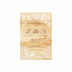 Tarjeta de boda rústica Tarjeta de invitación de boda de madera Bohemia Diseño de hoja cortada con láser Tarjeta de aniversario de fiesta de compromiso - Product Image 4