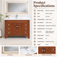 Ensemble de meuble-lavabo de salle de bain moderne autoportant en bois de chêne avec armoire miroir intégrée et vasque en céramique en chêne rouge