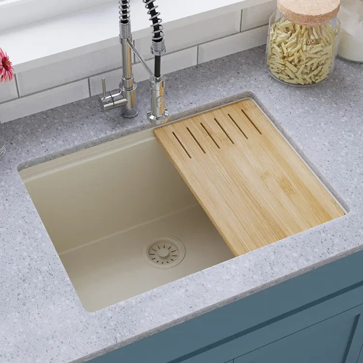 Popüler Modern büyük ve derin tek kase kuvars lavabo anti-çizik leke dayanıklı beton Topmount mutfak lavabo