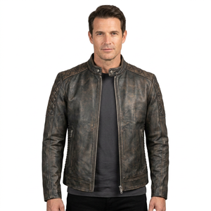 Chaqueta de Motero Unisex de Cuero Genuino Marrón Desgastado, Estilo Vintage, Clásica, Impermeable, Resistente al Viento, para Invierno - Product Image 1