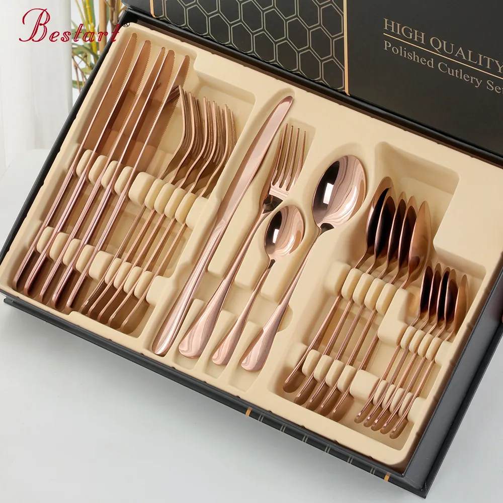 Custom Rose Gold Metal 24Pcs Knife Spoon And Fork Set Stainless Cutlery Flatware Sets