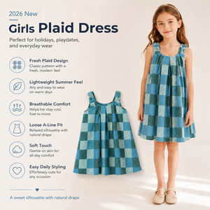 Nouvelle Robe Été 2026 pour Filles, sans Manches, en Coton, Coupe Trapèze, à Carreaux Bleus, Décontractée et Mignonne, Tenue de Boutique pour Enfants, Vente en Gros OEM ODM - Product Image 5