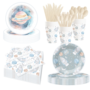 DAMAI New Customized Blue Space Theme Disposable Dessert Dinner <b>Paper</b> Plates Cups Napkin Tableware Set with Rocket - Product Image 2