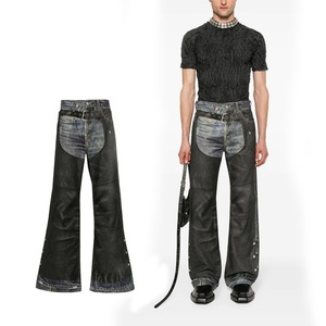 Jean décontracté coupe droite pour homme en denim de coton de haute qualité, délavé, déchiré, imprimé jet, effet vieilli - Product Image 1