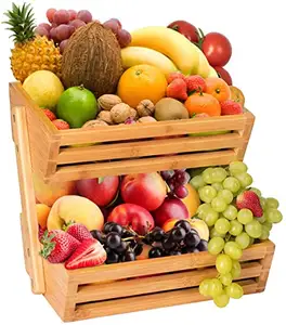 سلة الخيزران للفاكهة ، 2-الطبقة سلطانية للفاكهة ل طاولة مطبخ ، كبيرة قدرة الخضار تخزين حامل